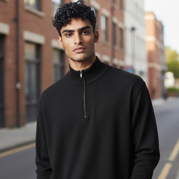 Pronto-Uomo Black Pullover Quarter Zip Black Silk Sweater Mens XXL - Picture 1 of 7
